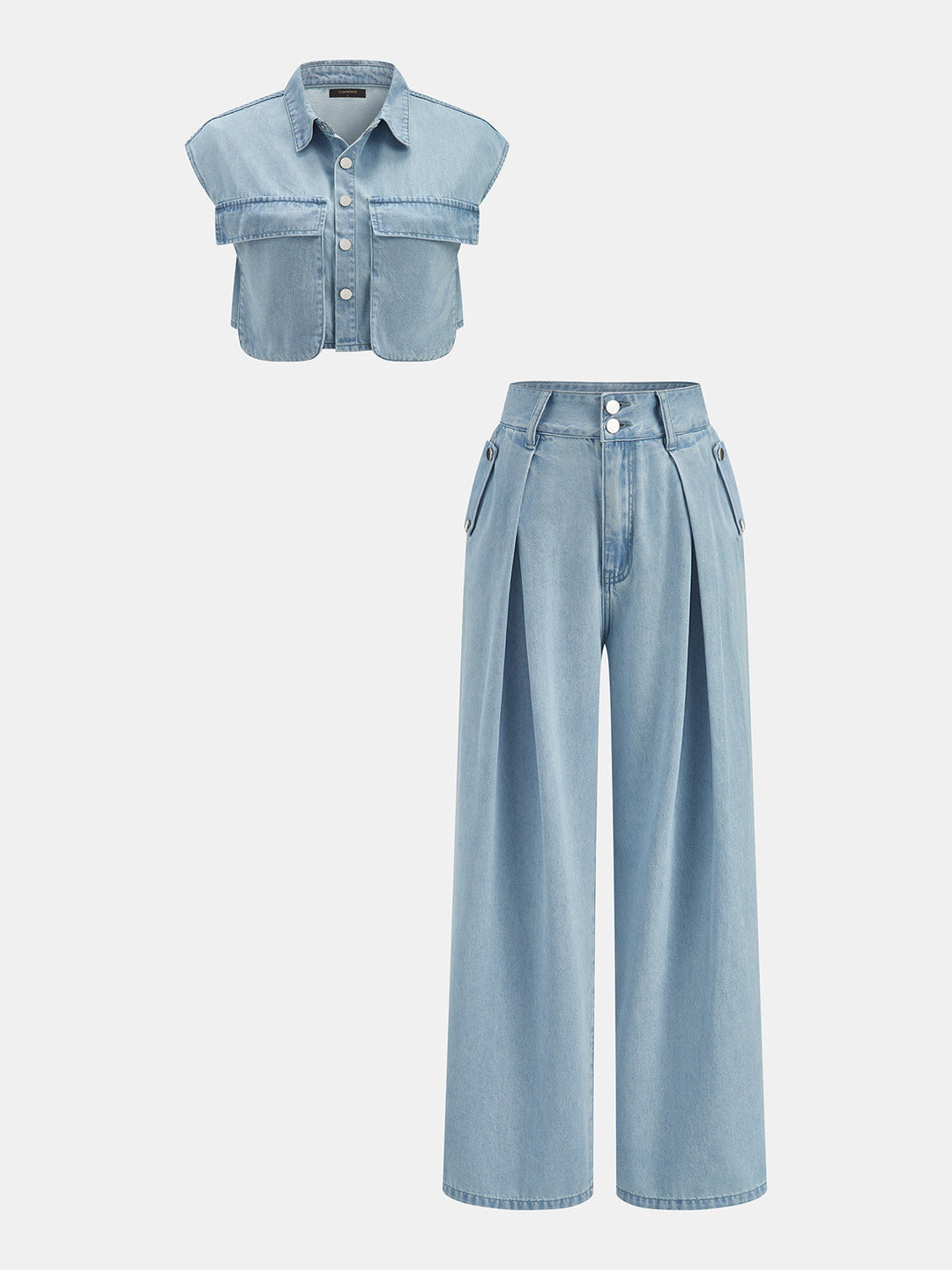 Ærmeløs Crop Denim Top & Plisserede Bukser Sæt
