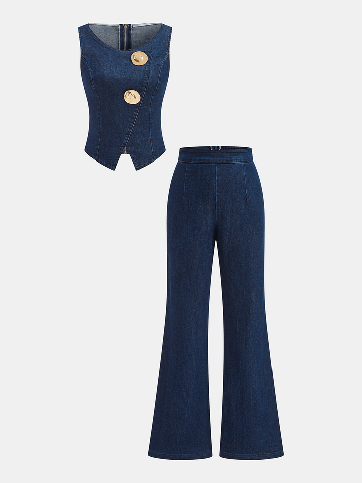 Ærmeløs denim top med svajer og bukser