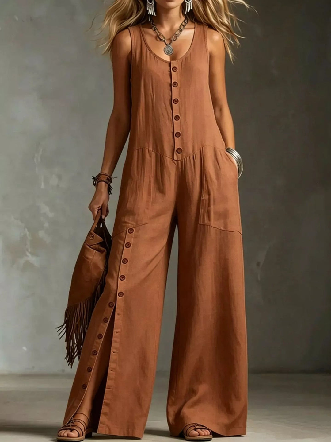 Ærmeløs jumpsuit med vide ben og knapper foran — Plus Size