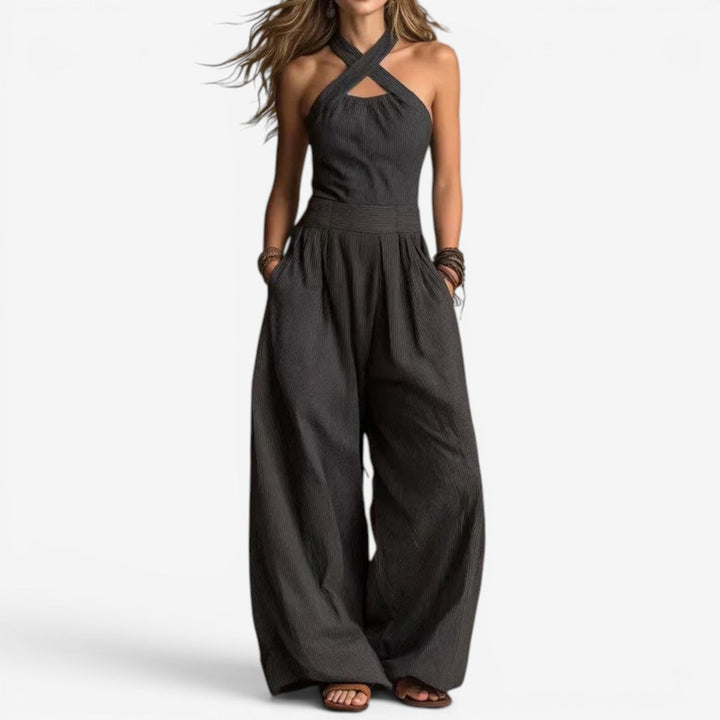 Bred jumpsuit med ben – krydset halsudskæring
