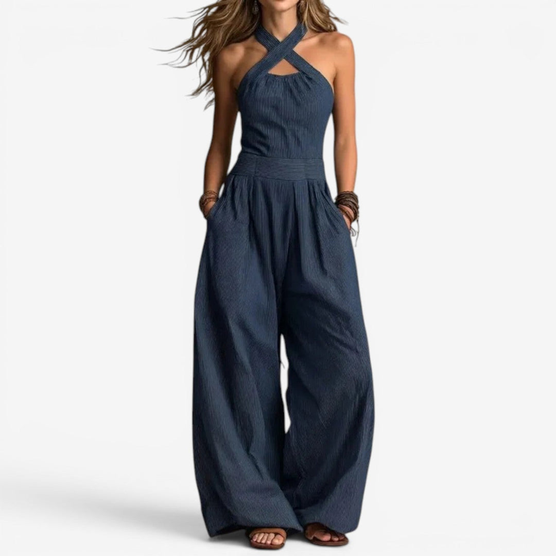Bred jumpsuit med ben – krydset halsudskæring