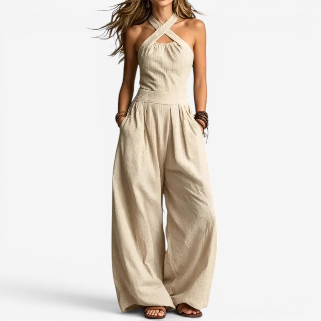 Bred jumpsuit med ben – krydset halsudskæring