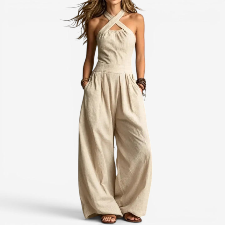 Bred jumpsuit med ben – krydset halsudskæring