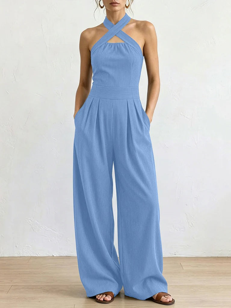 Bred jumpsuit med ben – krydset halsudskæring