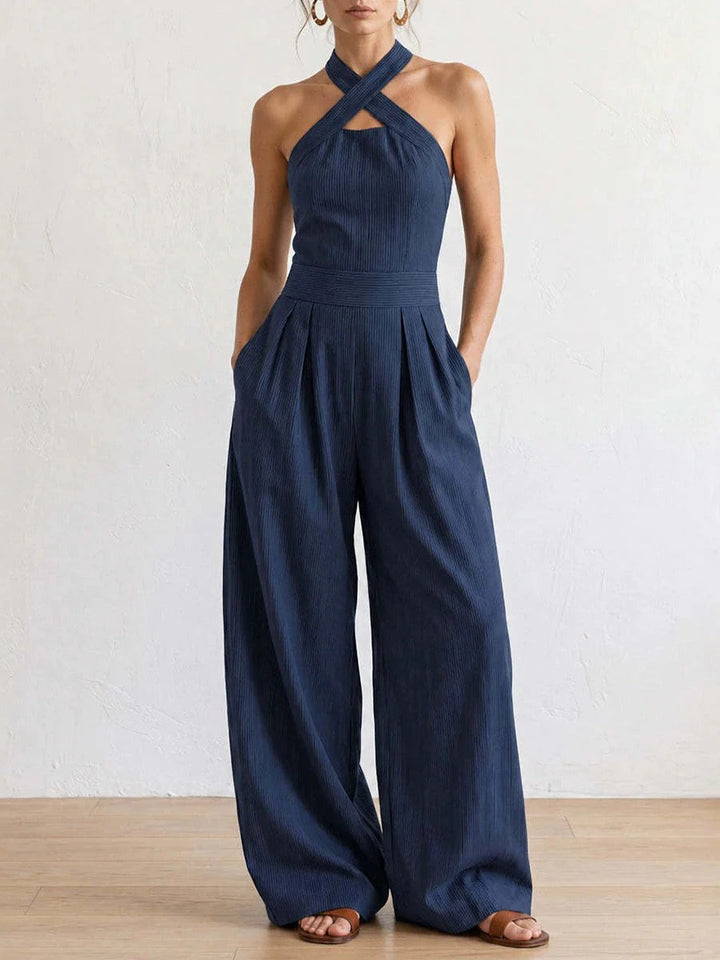 Bred jumpsuit med ben – krydset halsudskæring