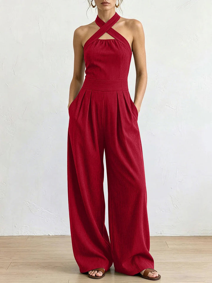 Bred jumpsuit med ben – krydset halsudskæring