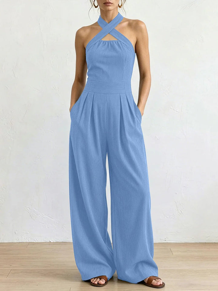 Bred jumpsuit med ben – krydset halsudskæring