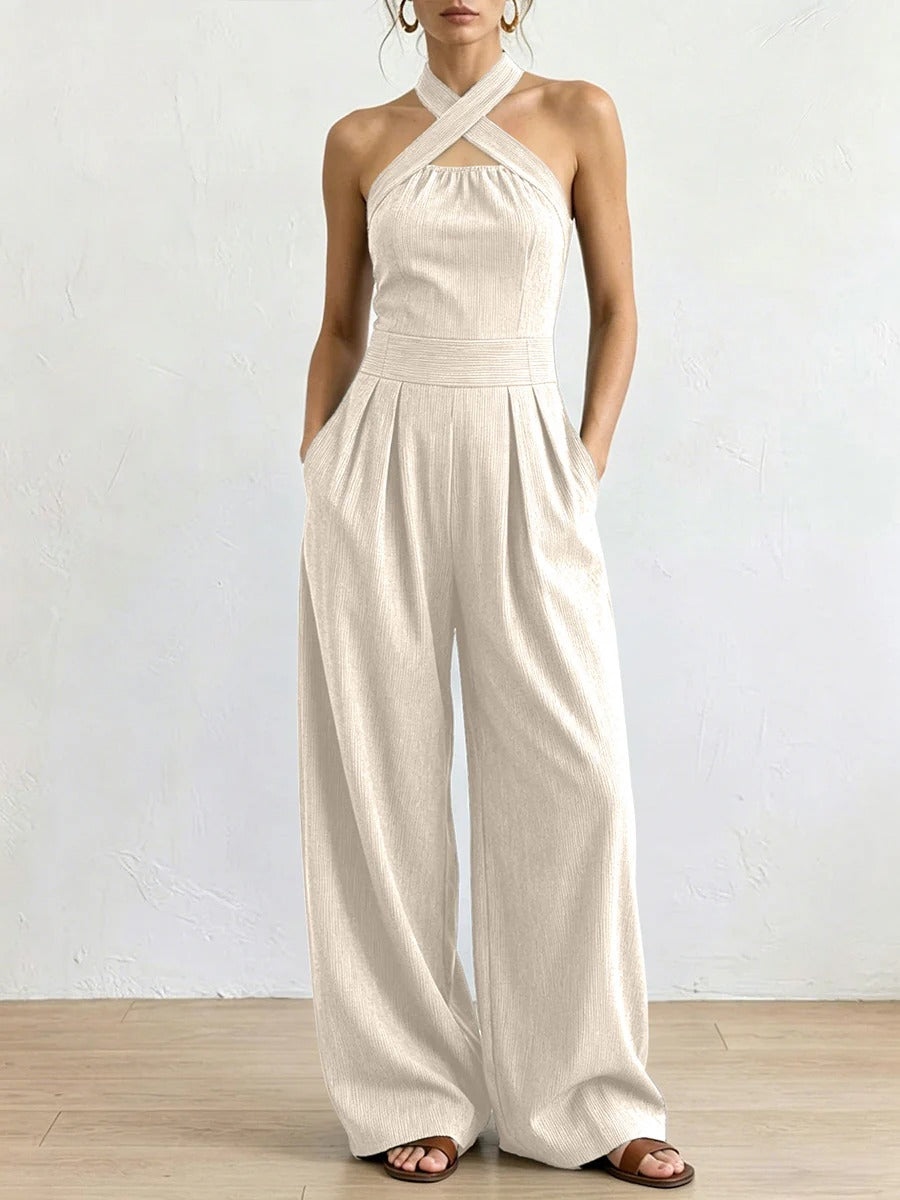 Bred jumpsuit med ben – krydset halsudskæring