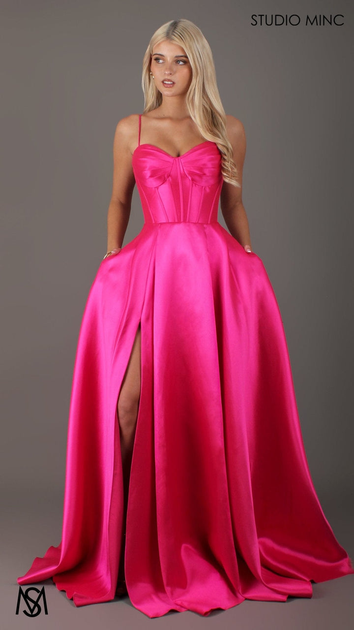 Capri - Hot Pink Formelkjole, satin stropløs korset med snørebånd, lommer, benslids