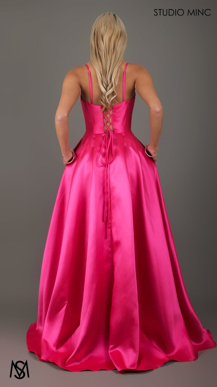 Capri - Hot Pink Formelkjole, satin stropløs korset med snørebånd, lommer, benslids