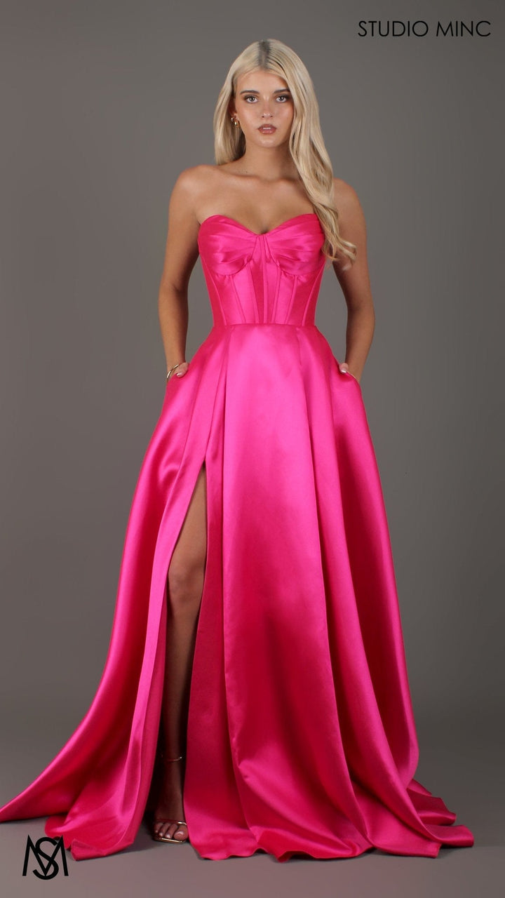 Capri - Hot Pink Formelkjole, satin stropløs korset med snørebånd, lommer, benslids