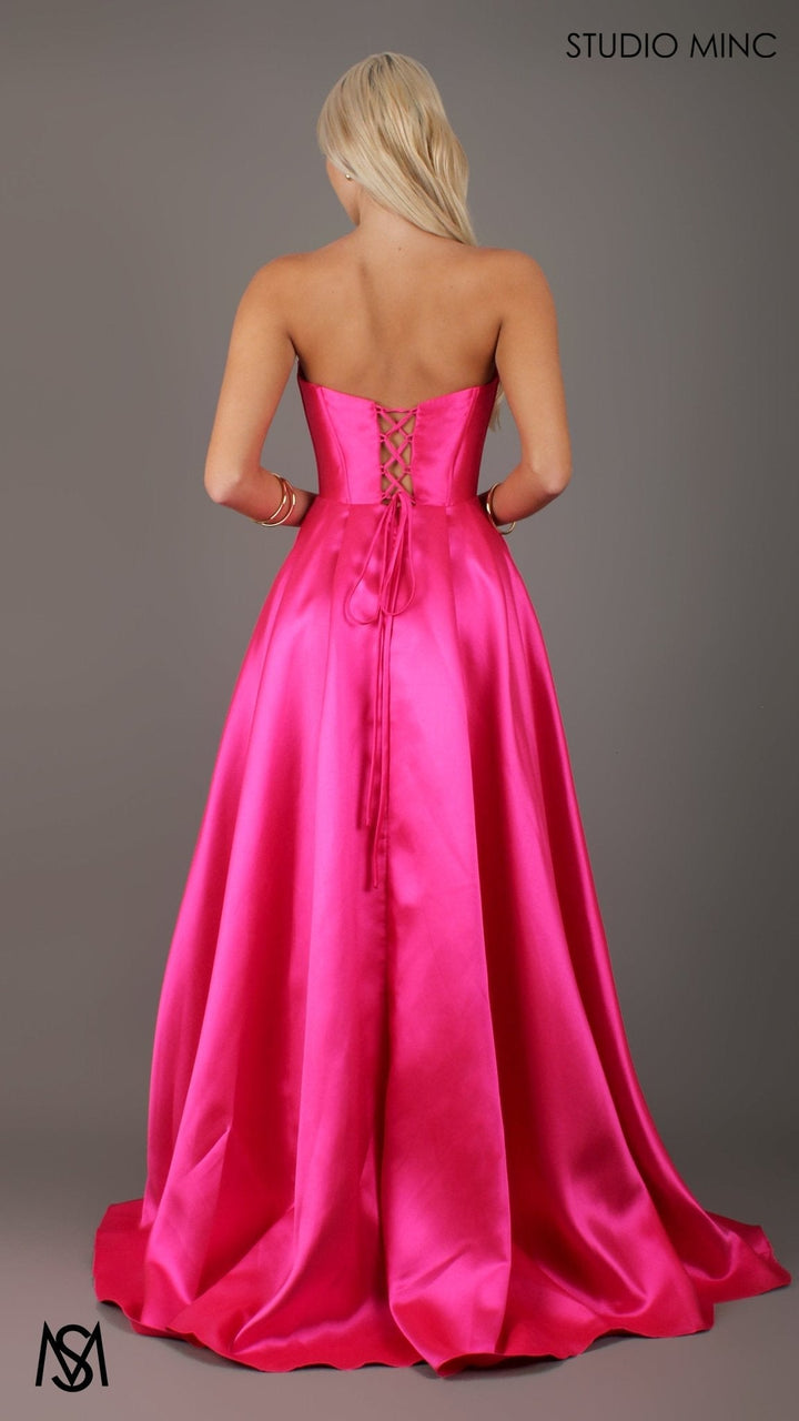 Capri - Hot Pink Formelkjole, satin stropløs korset med snørebånd, lommer, benslids