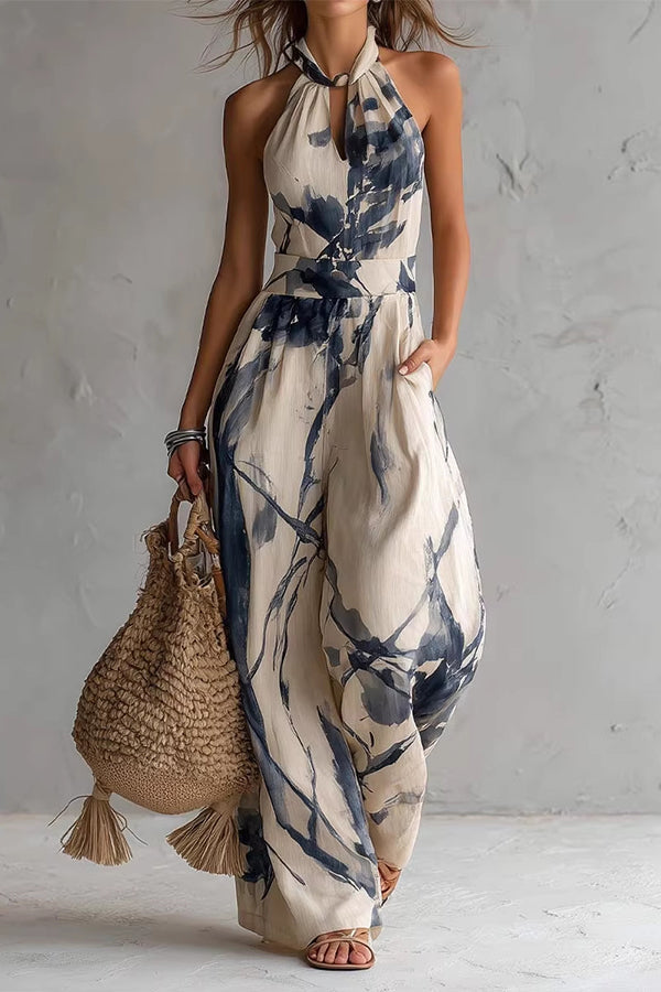 Cobalt Muse Halter Jumpsuit med Bred Ben