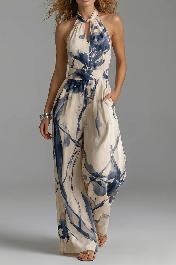 Cobalt Muse Halter Jumpsuit med Bred Ben