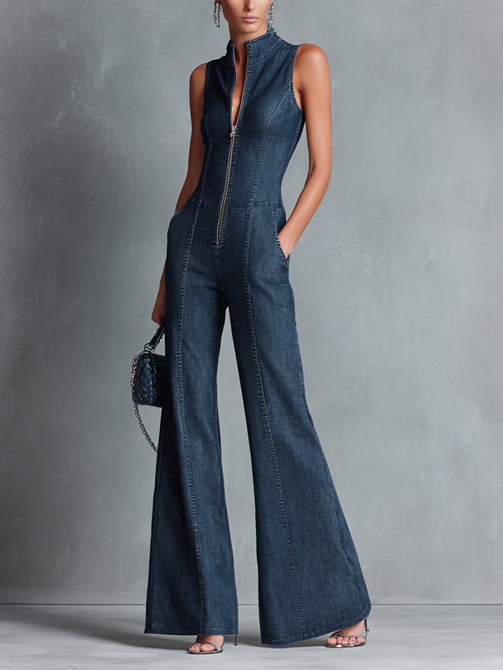 Dame retro-stil mørkeblå denim ærmeløs jumpsuit med høj hals og svajer og lynlås foran MDZ1239B2BA