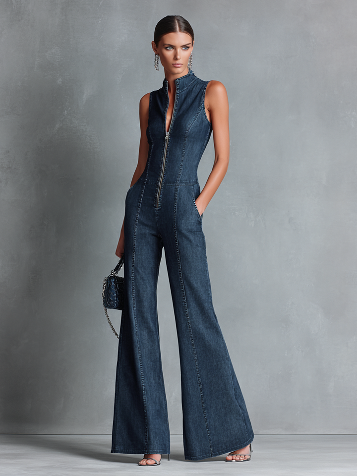 Dame retro-stil mørkeblå denim ærmeløs jumpsuit med høj hals og svajer og lynlås foran MDZ1239B2BA
