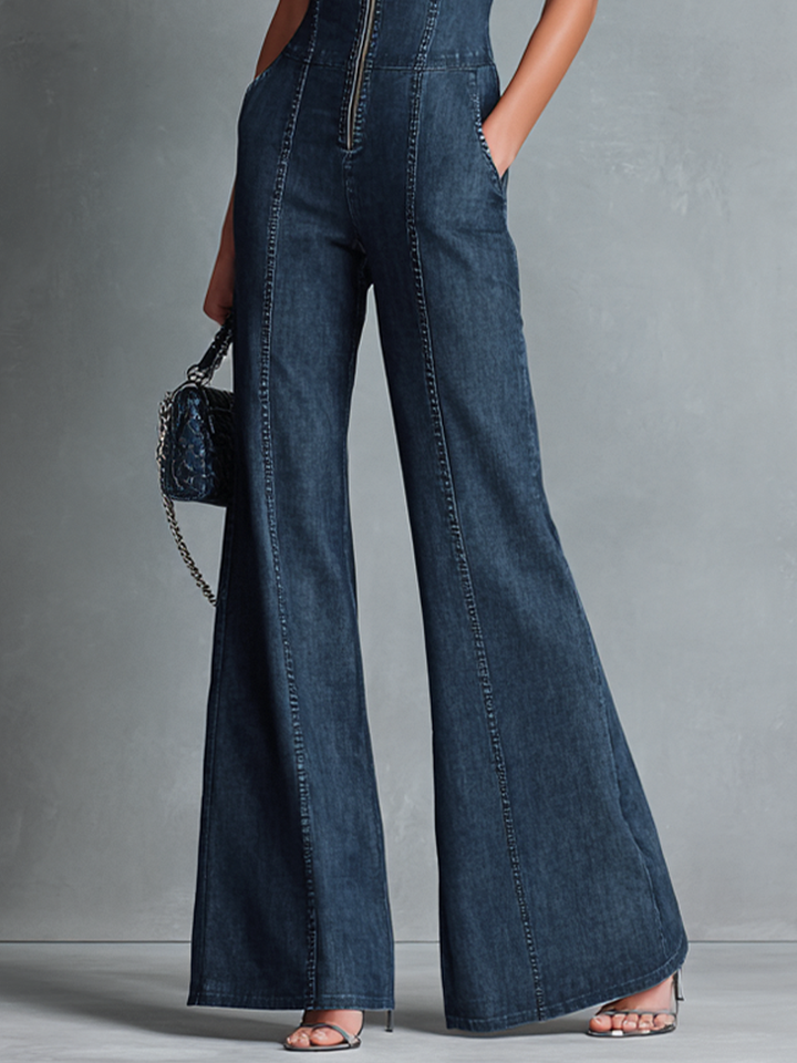 Dame retro-stil mørkeblå denim ærmeløs jumpsuit med høj hals og svajer og lynlås foran MDZ1239B2BA