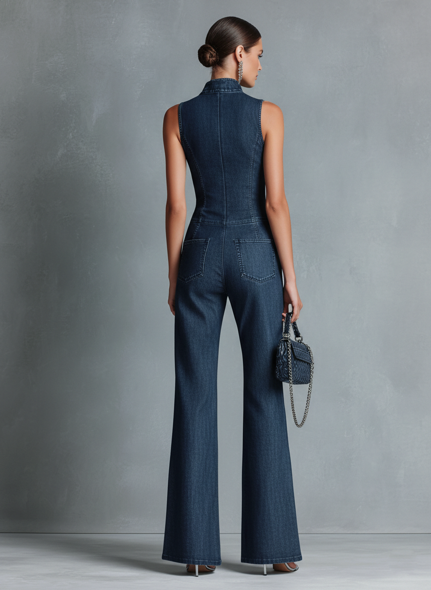 Dame retro-stil mørkeblå denim ærmeløs jumpsuit med høj hals og svajer og lynlås foran MDZ1239B2BA