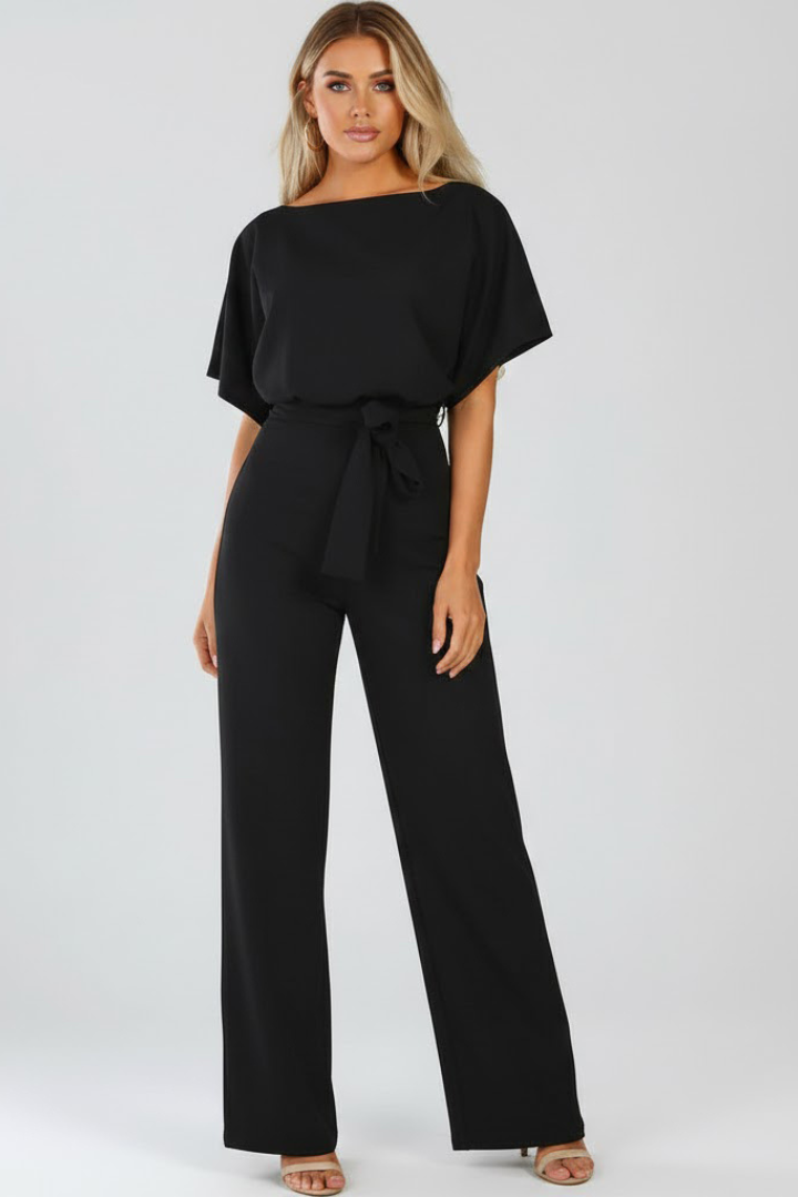 Damejumpsuit med bælte og vide ben