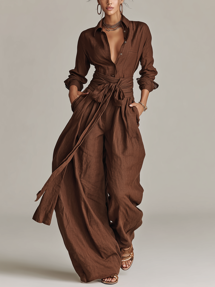 Elegant brun vævet bomulds-hør jumpsuit med langærmet skjortekrave og bælte til damer MDA1965L9AN