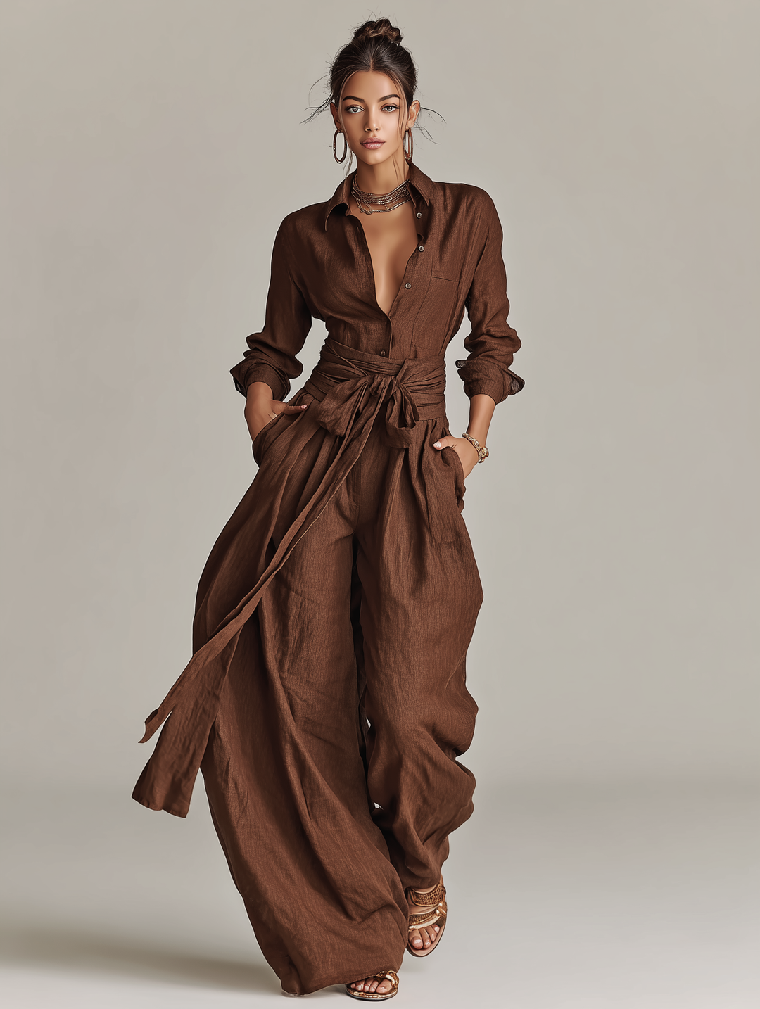 Elegant brun vævet bomulds-hør jumpsuit med langærmet skjortekrave og bælte til damer MDA1965L9AN