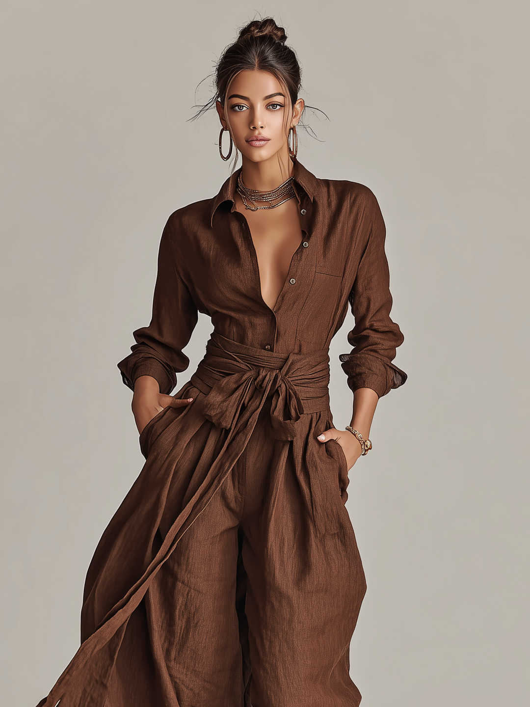 Elegant brun vævet bomulds-hør jumpsuit med langærmet skjortekrave og bælte til damer MDA1965L9AN