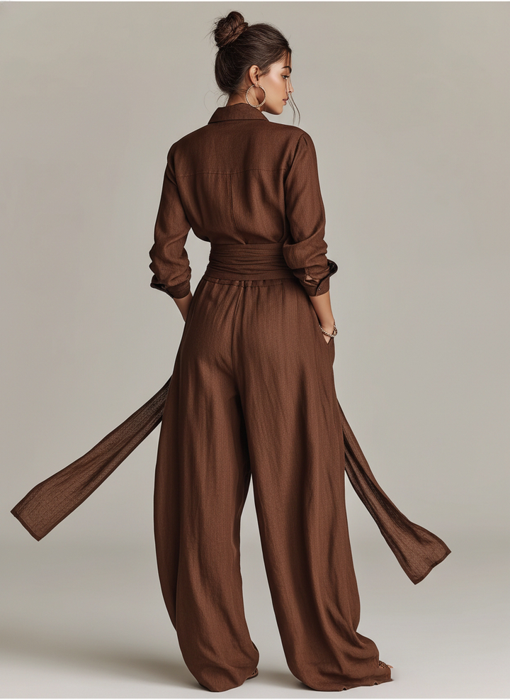 Elegant brun vævet bomulds-hør jumpsuit med langærmet skjortekrave og bælte til damer MDA1965L9AN