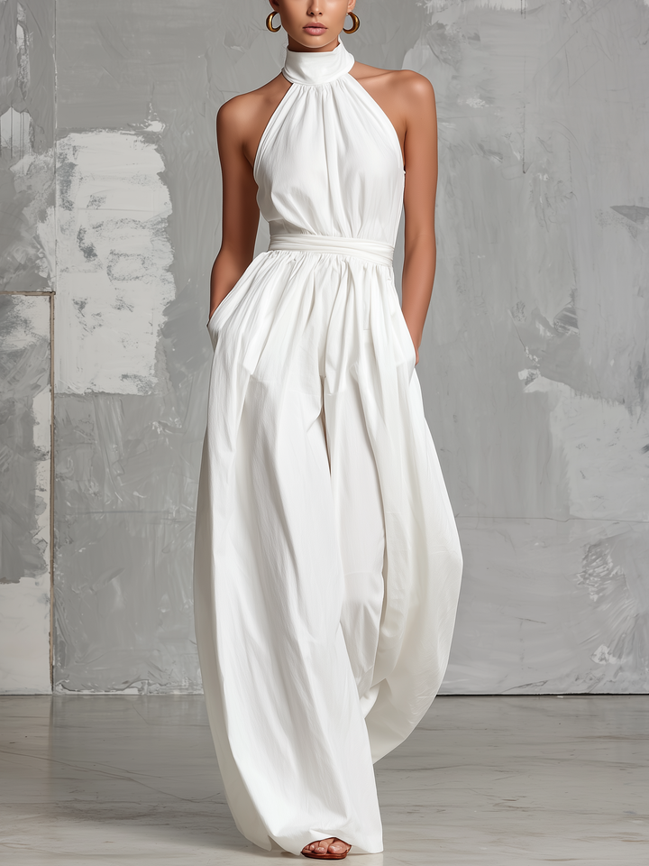 Elegant hvid vævet ærmeløs halterneck-jumpsuit til kvinder MDZ0554A3AN