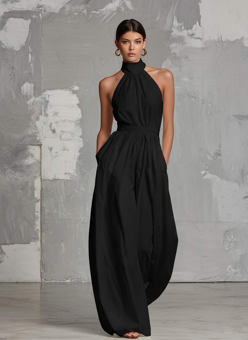 Elegant hvid vævet ærmeløs halterneck-jumpsuit til kvinder MDZ0554A3AN