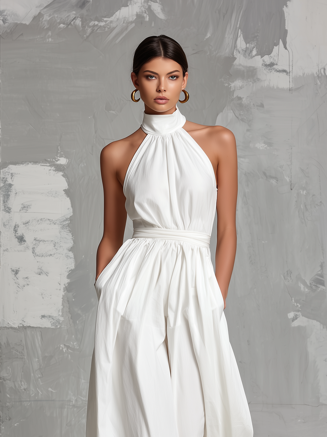 Elegant hvid vævet ærmeløs halterneck-jumpsuit til kvinder MDZ0554A3AN