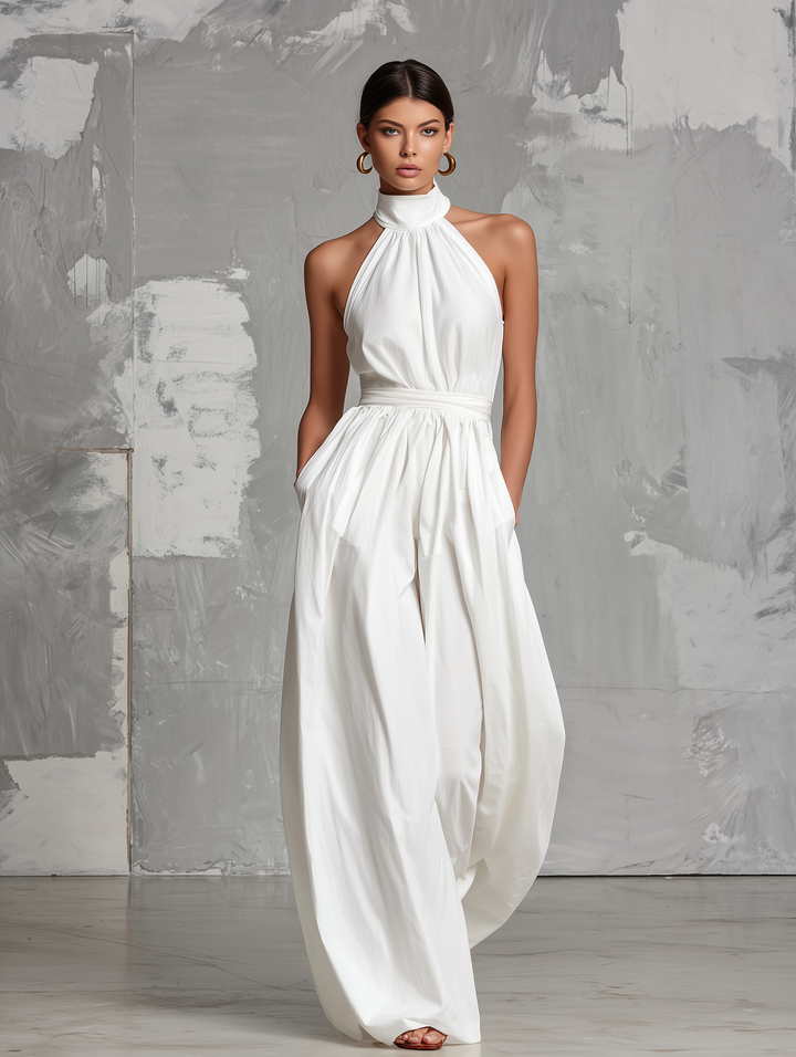 Elegant hvid vævet ærmeløs halterneck-jumpsuit til kvinder MDZ0554A3AN