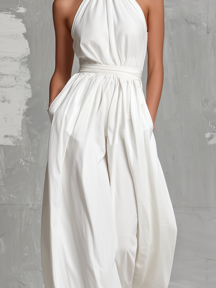 Elegant hvid vævet ærmeløs halterneck-jumpsuit til kvinder MDZ0554A3AN