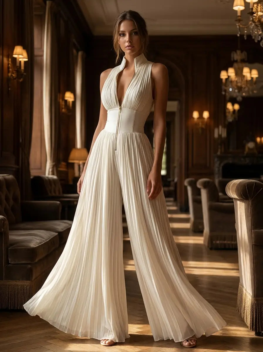 Elfenbensfarvet plisseret aftenjumpsuit — Elegant jumpsuit med vide ben