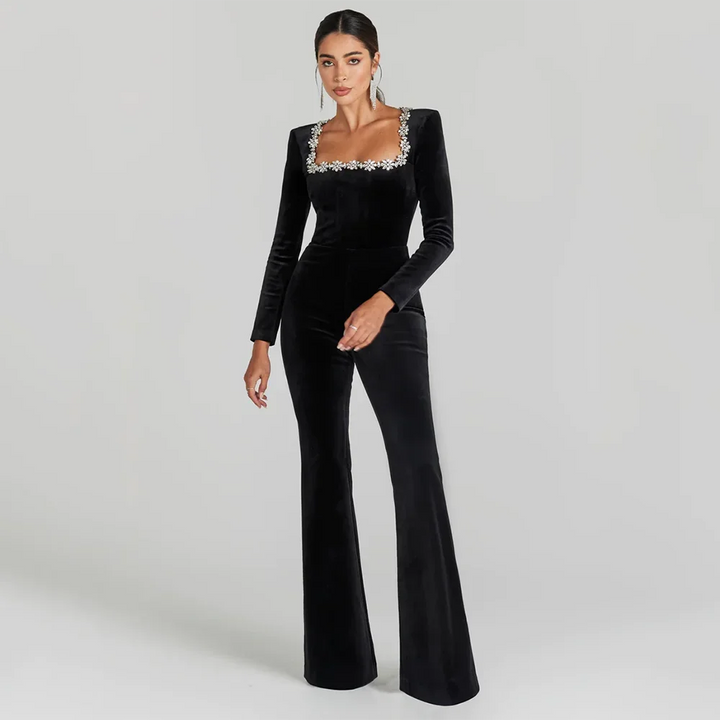 Ella PhantomSort bandage jumpsuit med firkantet hals og diamanter, høj talje, vide ben, elegant festjumpsuit til kvinder