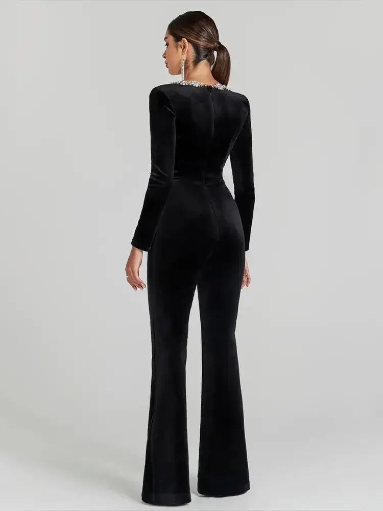 Ella PhantomSort bandage jumpsuit med firkantet hals og diamanter, høj talje, vide ben, elegant festjumpsuit til kvinder