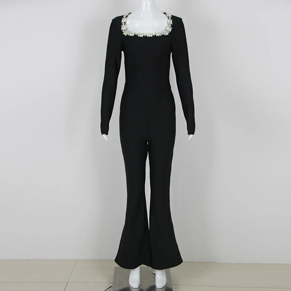 Ella PhantomSort bandage jumpsuit med firkantet hals og diamanter, høj talje, vide ben, elegant festjumpsuit til kvinder