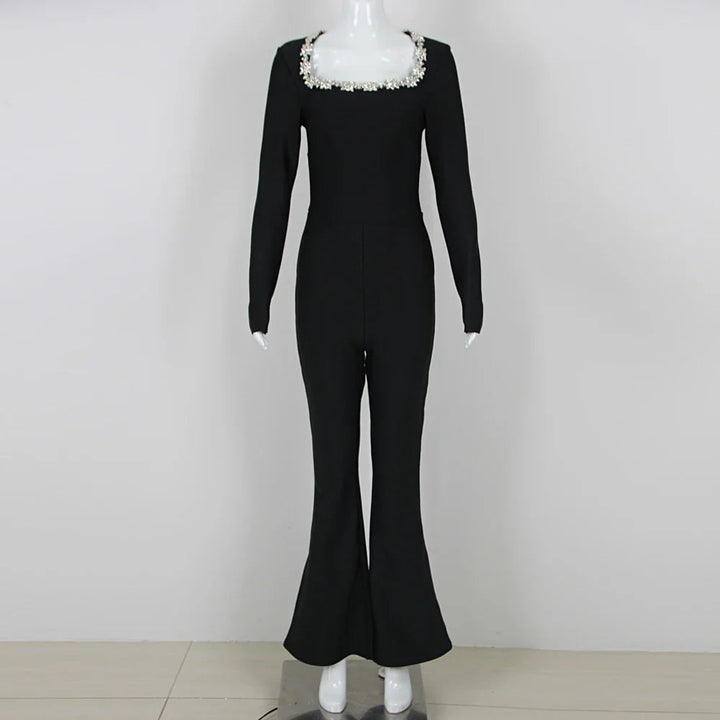 Ella PhantomSort bandage jumpsuit med firkantet hals og diamanter, høj talje, vide ben, elegant festjumpsuit til kvinder