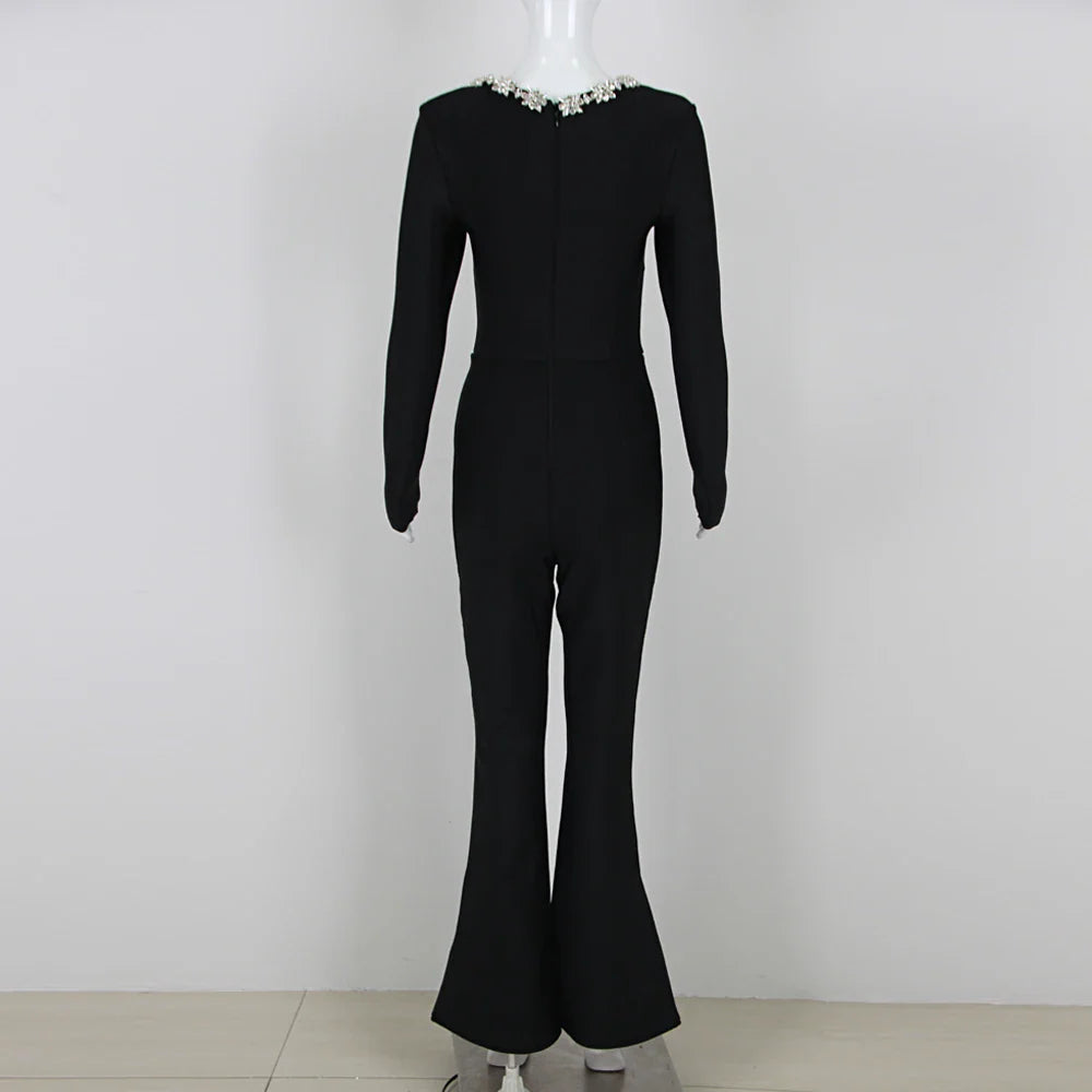 Ella PhantomSort bandage jumpsuit med firkantet hals og diamanter, høj talje, vide ben, elegant festjumpsuit til kvinder