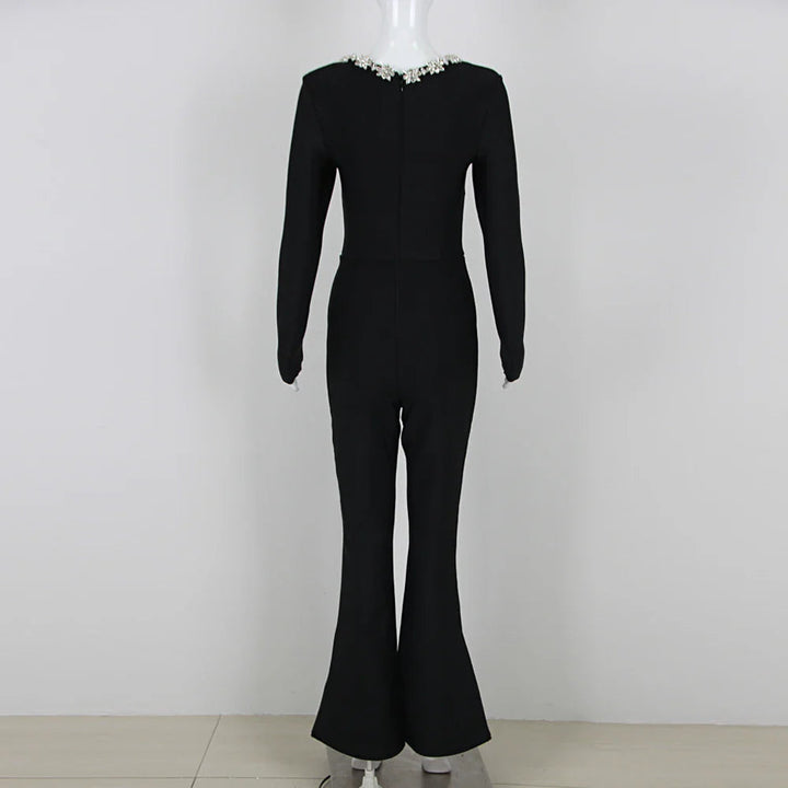 Ella PhantomSort bandage jumpsuit med firkantet hals og diamanter, høj talje, vide ben, elegant festjumpsuit til kvinder