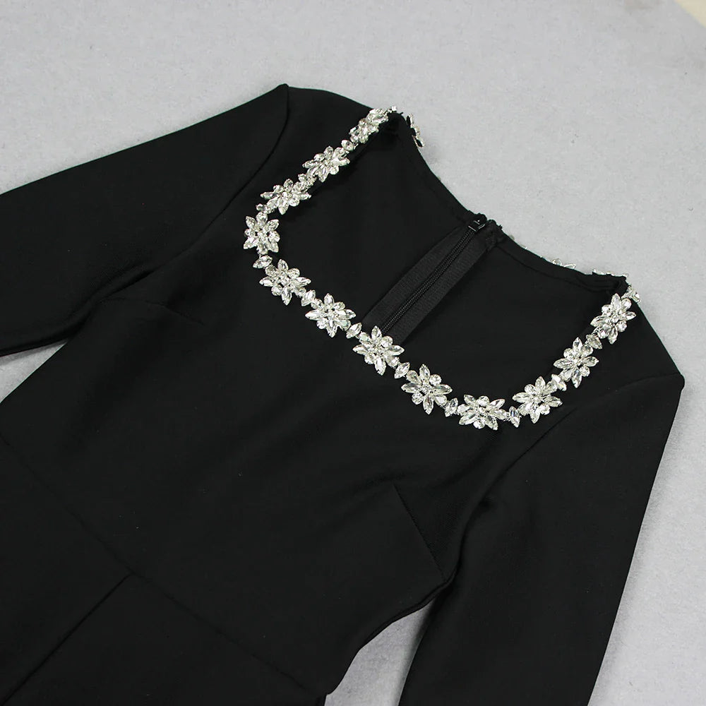Ella PhantomSort bandage jumpsuit med firkantet hals og diamanter, høj talje, vide ben, elegant festjumpsuit til kvinder