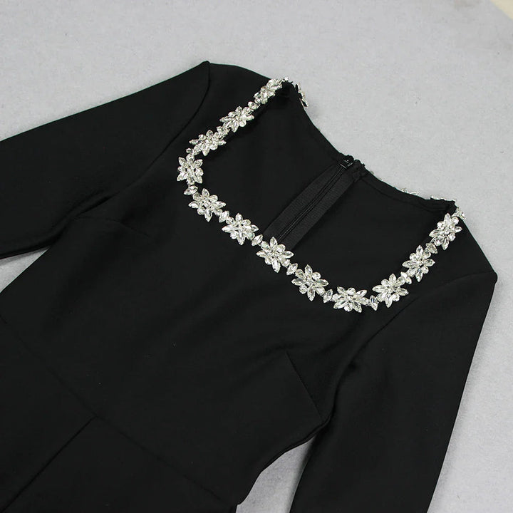 Ella PhantomSort bandage jumpsuit med firkantet hals og diamanter, høj talje, vide ben, elegant festjumpsuit til kvinder