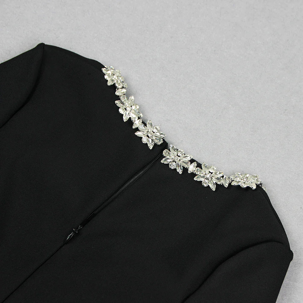 Ella PhantomSort bandage jumpsuit med firkantet hals og diamanter, høj talje, vide ben, elegant festjumpsuit til kvinder