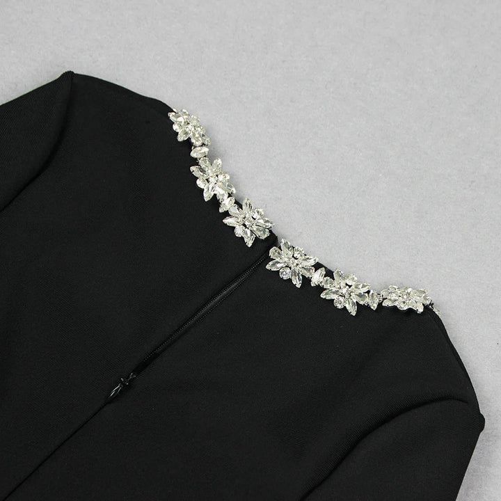 Ella PhantomSort bandage jumpsuit med firkantet hals og diamanter, høj talje, vide ben, elegant festjumpsuit til kvinder
