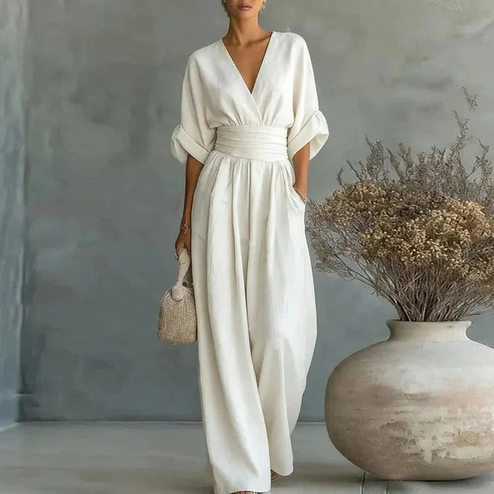 Helena | V-hals chiffon jumpsuit med brede ben