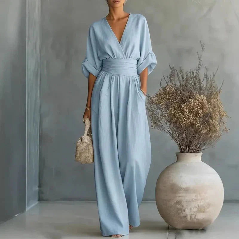 Helena | V-hals chiffon jumpsuit med brede ben