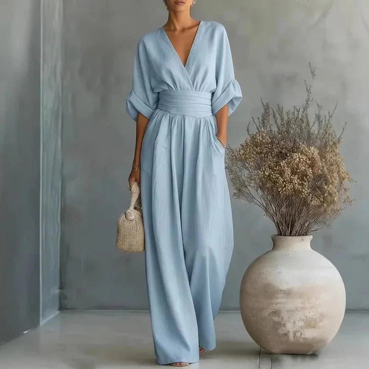 Helena | V-hals chiffon jumpsuit med brede ben