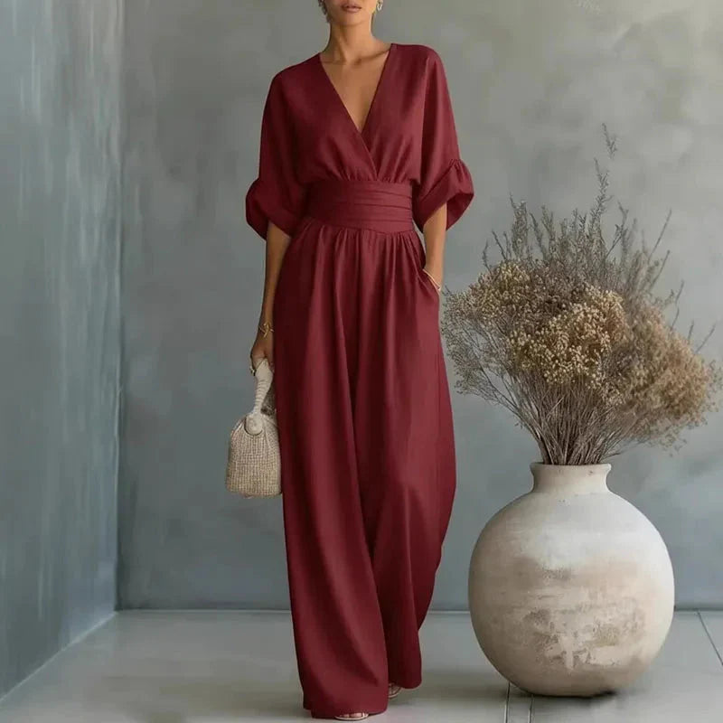 Helena | V-hals chiffon jumpsuit med brede ben
