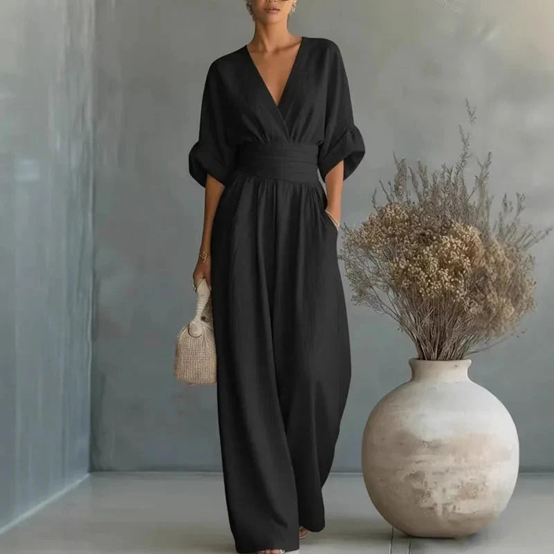 Helena | V-hals chiffon jumpsuit med brede ben