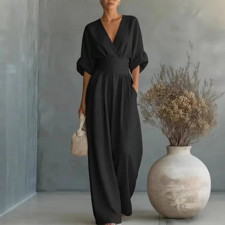 Helena | V-hals chiffon jumpsuit med brede ben