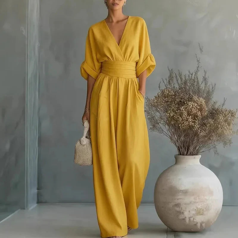 Helena | V-hals chiffon jumpsuit med brede ben